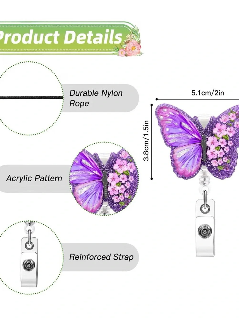 Soleebee Purple Butterfly Nurse Badge Reel, Cute Bling Retractable Badge Holder,